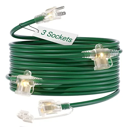 25Ft Outdoor Extension Cord with Mutil Outlets Evenly Spaced 3 Outlets 16/3 SJTW Weatherproof Power Cable for Indoor Outdoor Christmas Halloween with Indicator Lights ETL Listed