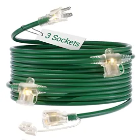 25Ft Outdoor Extension Cord with Mutil Outlets Evenly Spaced 3 Outlets 16/3 SJTW Weatherproof Power Cable for Indoor Outdoor Christmas Halloween with Indicator Lights ETL Listed