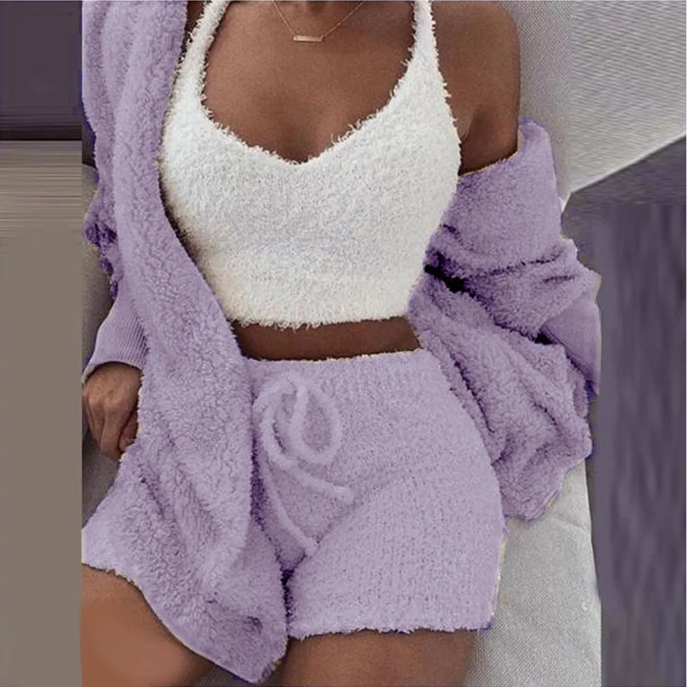 3PCS Pajama Set Women Sexy Fluffy Suit Velvet Plush Robe Set Soft Warm Sleeveless Sweater Loungewear