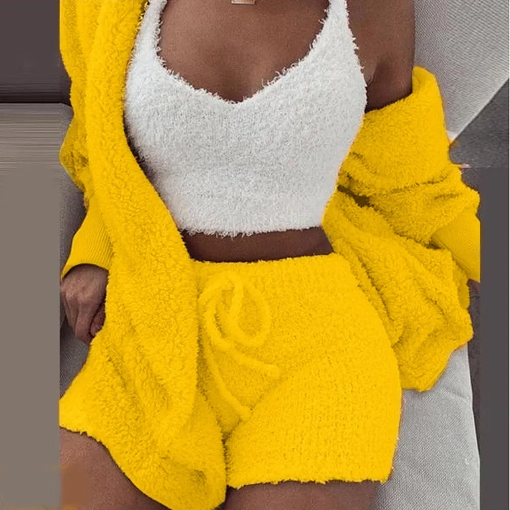 3PCS Pajama Set Women Sexy Fluffy Suit Velvet Plush Robe Set Soft Warm Sleeveless Sweater Loungewear