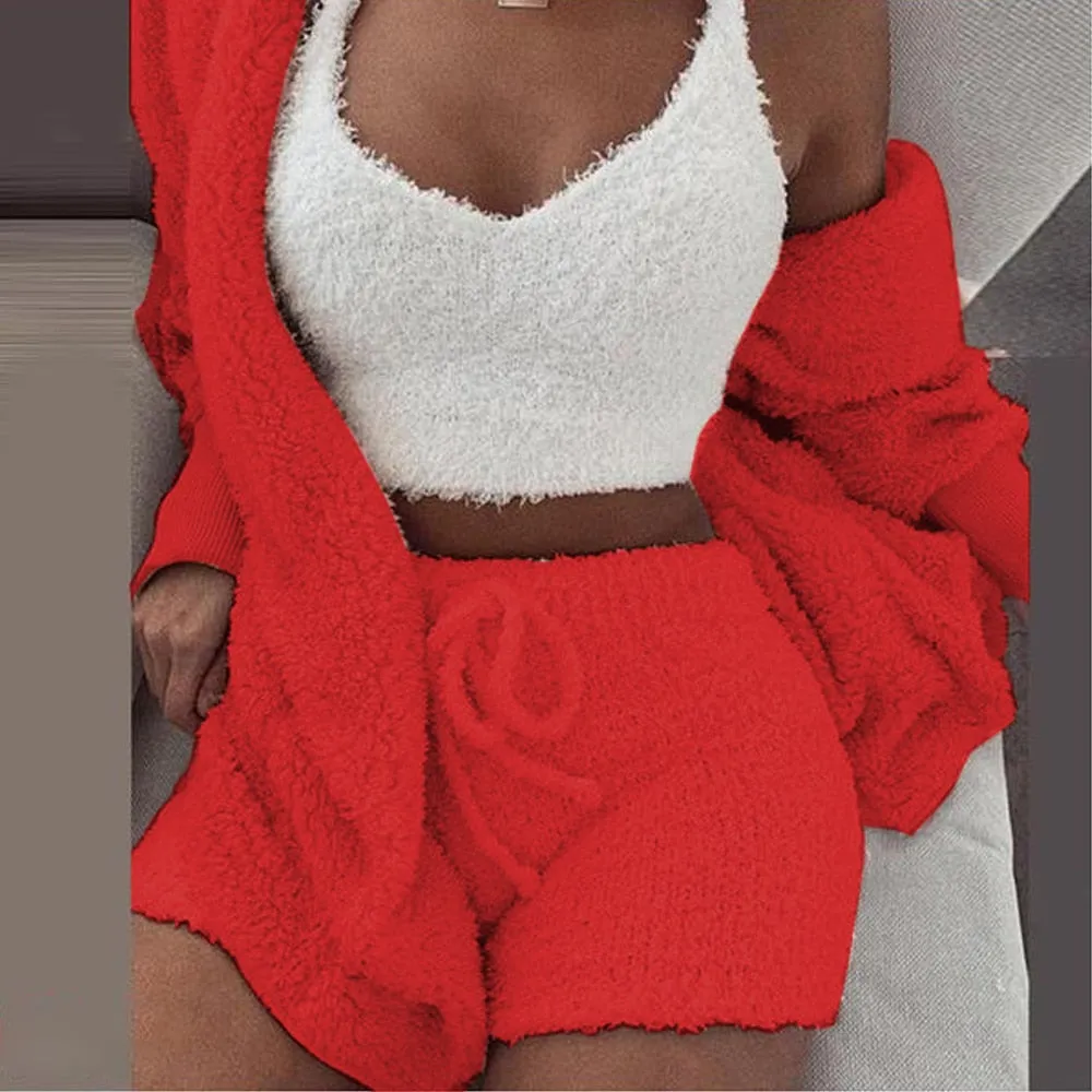 3PCS Pajama Set Women Sexy Fluffy Suit Velvet Plush Robe Set Soft Warm Sleeveless Sweater Loungewear