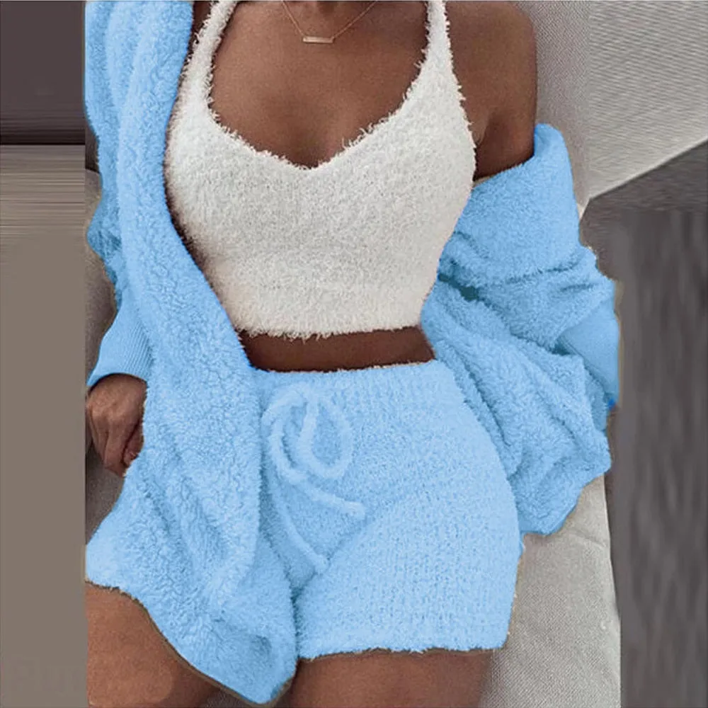 3PCS Pajama Set Women Sexy Fluffy Suit Velvet Plush Robe Set Soft Warm Sleeveless Sweater Loungewear