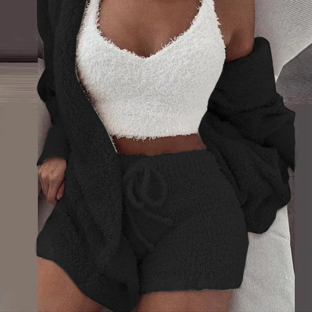 3PCS Pajama Set Women Sexy Fluffy Suit Velvet Plush Robe Set Soft Warm Sleeveless Sweater Loungewear