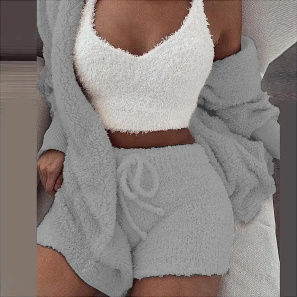 3PCS Pajama Set Women Sexy Fluffy Suit Velvet Plush Robe Set Soft Warm Sleeveless Sweater Loungewear