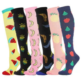 6 Pairs Fruits Pattern Knee-High Compression Socks Sports Stockings