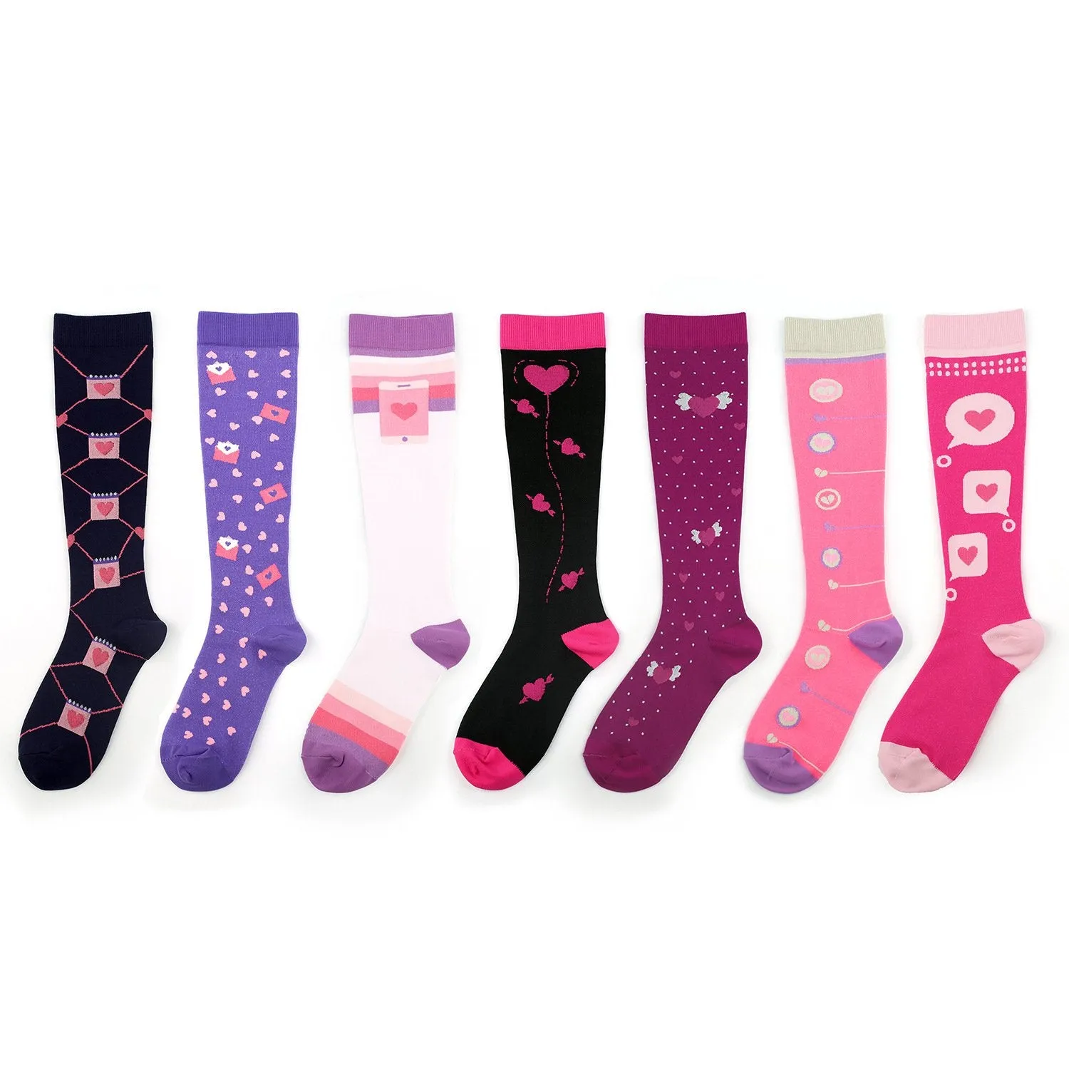 7 Pairs Knee-High Compression Socks Heart Pattern Sports Color Stockings