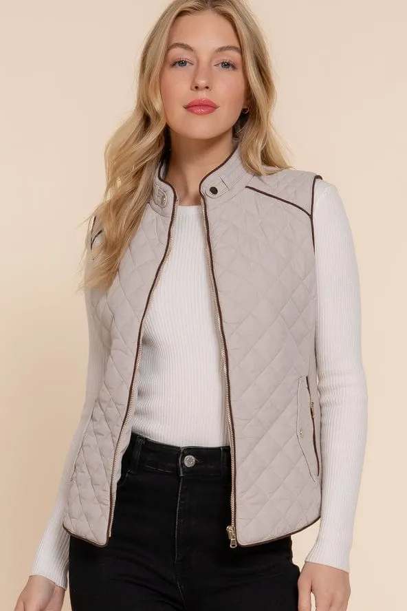 Active Basic Quilted Zip-up Vest in Taupe