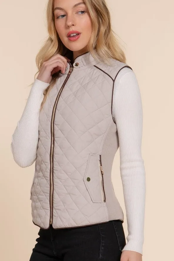 Active Basic Quilted Zip-up Vest in Taupe