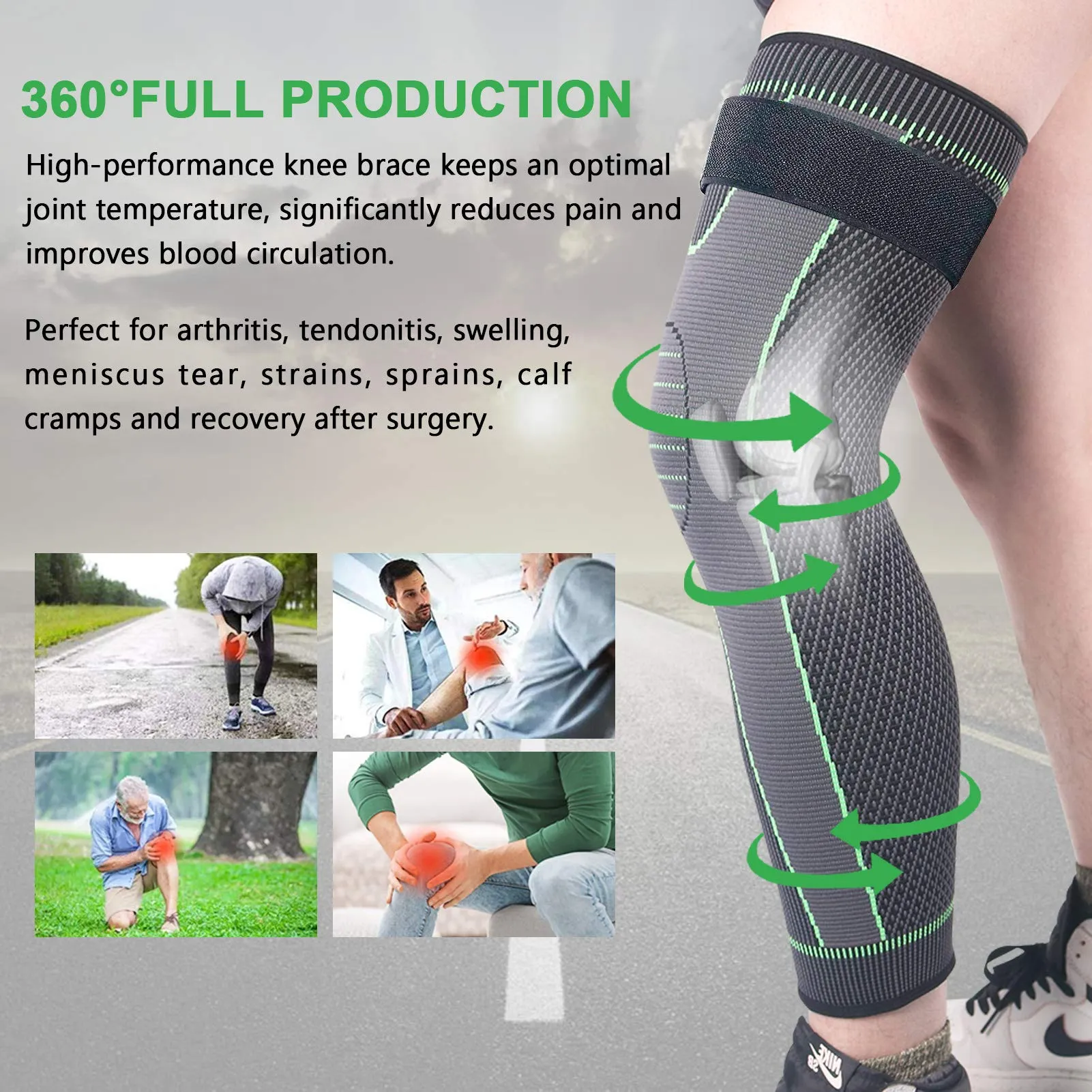 beister 1 Pair Compression Leg Sleeves with Elastic straps for Men & Women, Extra Long Leg Braces Knee Sleeve for Basketball, Football, Knee Pain, Working Out, Joint Pain, Arthritis, Running, ACL Green-updated Medium (1 Pair)