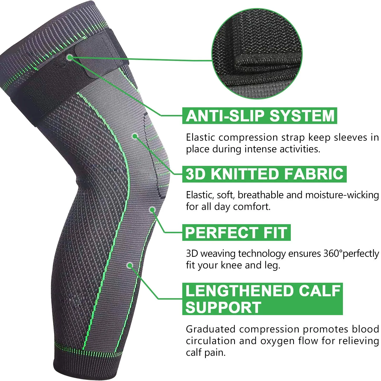 beister 1 Pair Compression Leg Sleeves with Elastic straps for Men & Women, Extra Long Leg Braces Knee Sleeve for Basketball, Football, Knee Pain, Working Out, Joint Pain, Arthritis, Running, ACL Green-updated Medium (1 Pair)