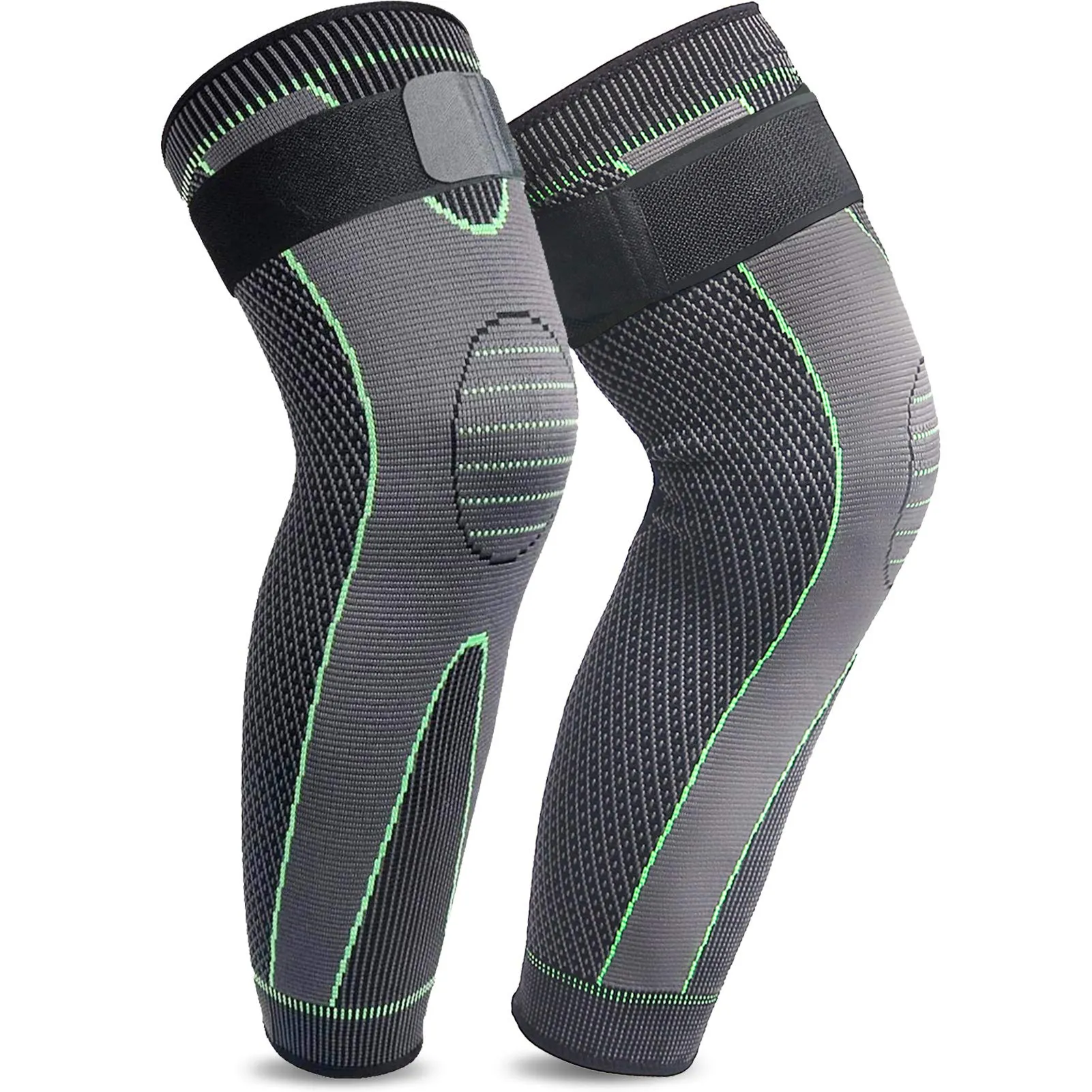 beister 1 Pair Compression Leg Sleeves with Elastic straps for Men & Women, Extra Long Leg Braces Knee Sleeve for Basketball, Football, Knee Pain, Working Out, Joint Pain, Arthritis, Running, ACL Green-updated Medium (1 Pair)