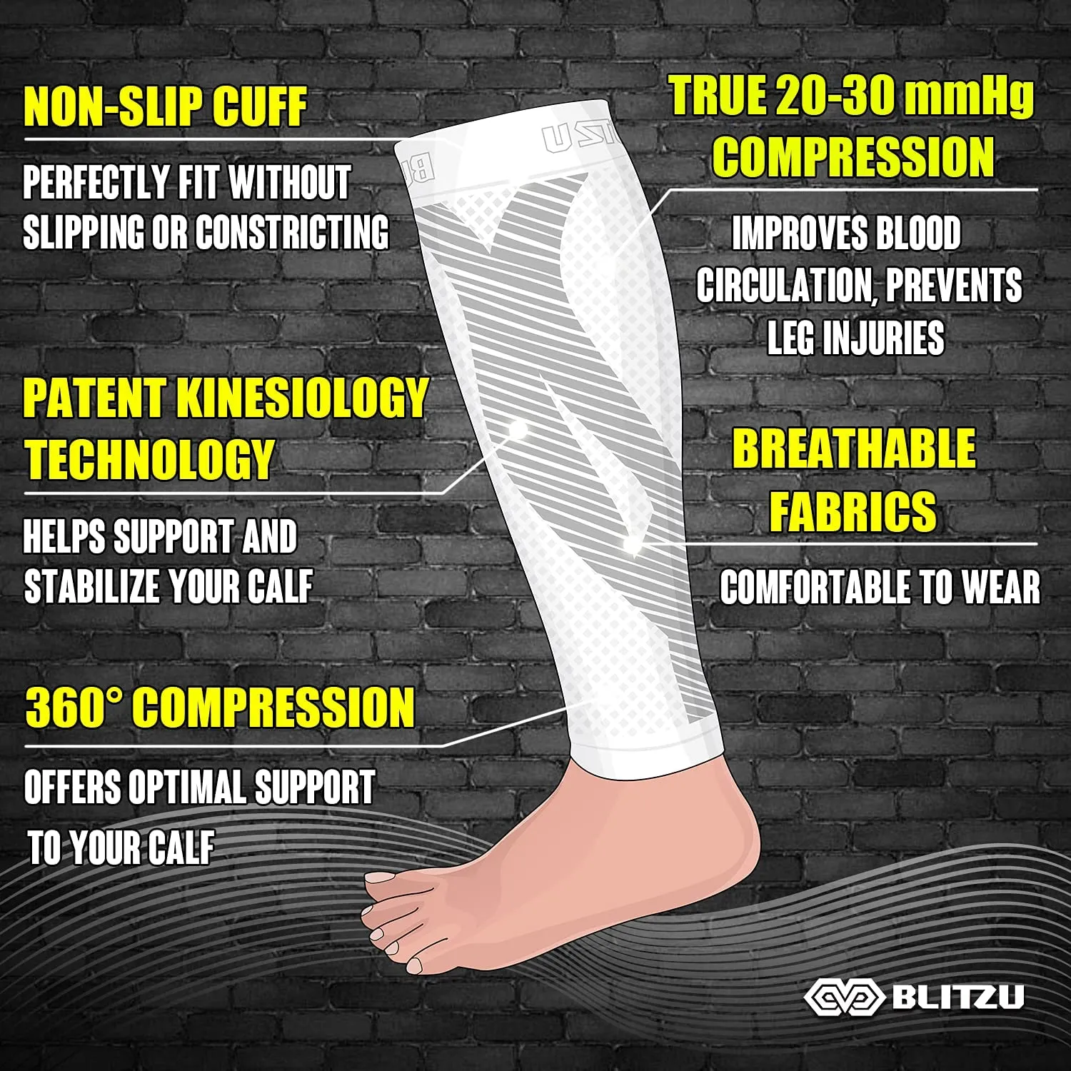 BLITZU 3 Pairs Calf Compression Sleeves for Women and Men Size S-M, One Black, One White, One Grey