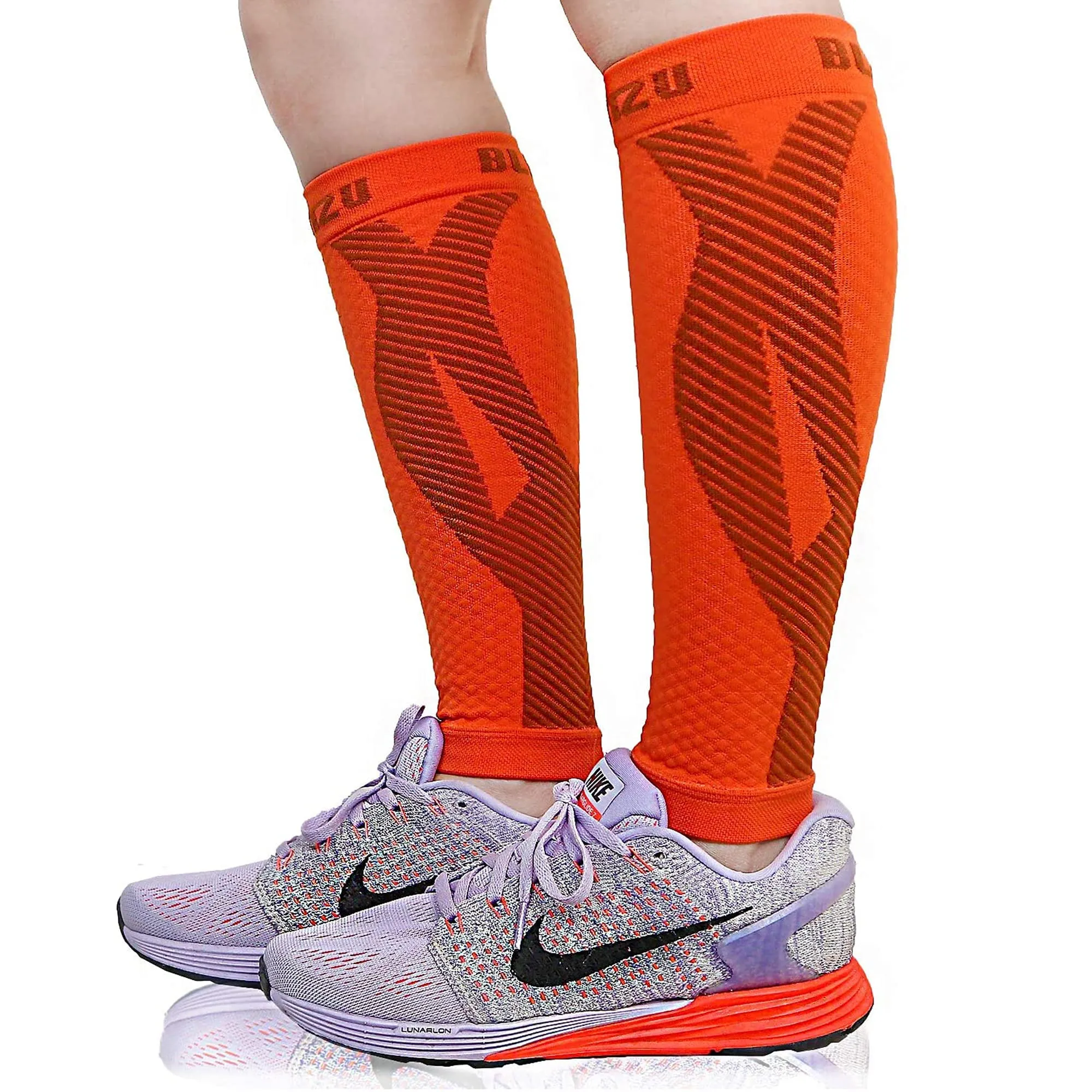 BLITZU 3 Pairs Calf Compression Sleeves for Women and Men Size S-M, One Orange, One Black, One White Calf Sleeve, Leg Compression Sleeve for Calf Pain and Shin Splints. Footless Compression Socks.