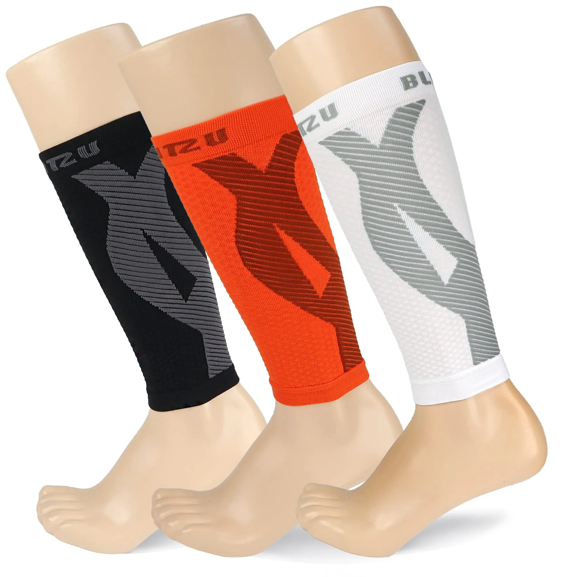 BLITZU 3 Pairs Calf Compression Sleeves for Women and Men Size S-M, One Orange, One Black, One White Calf Sleeve, Leg Compression Sleeve for Calf Pain and Shin Splints. Footless Compression Socks.