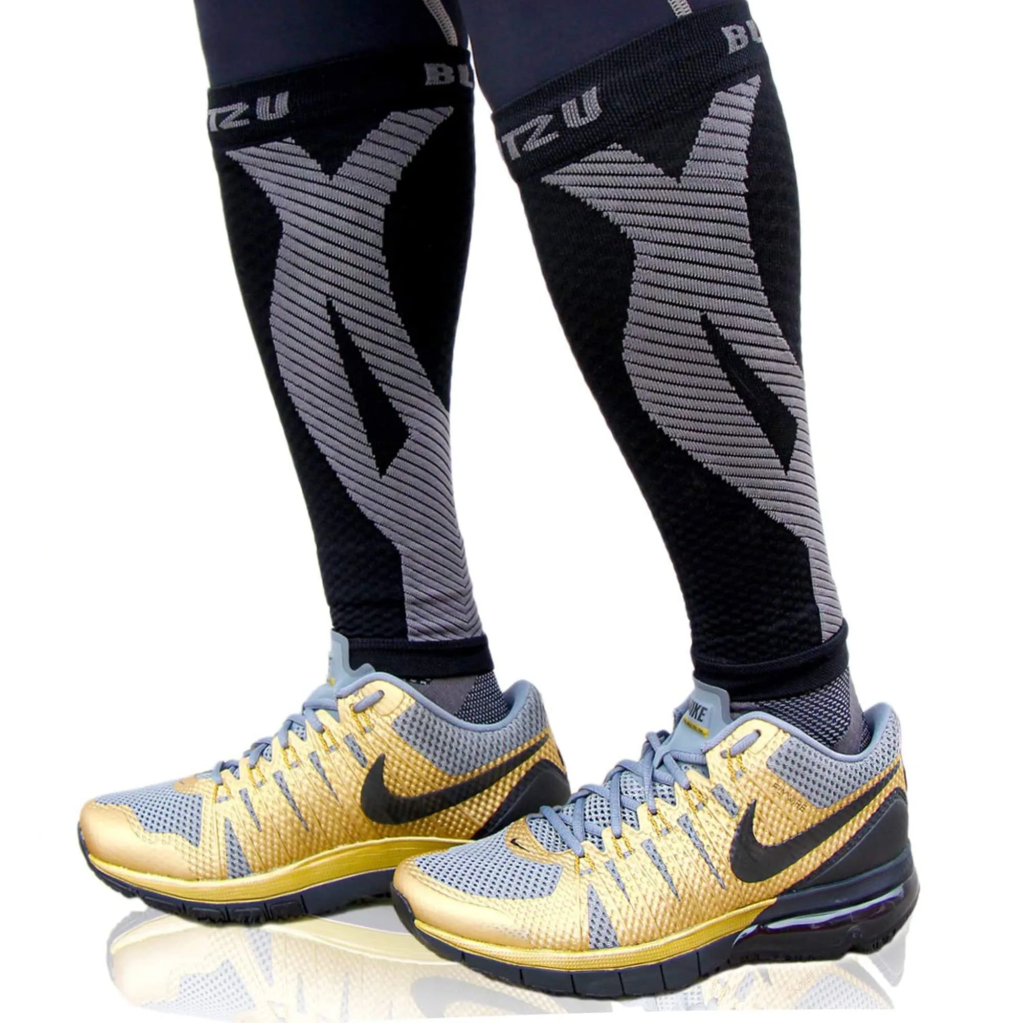 BLITZU 3 Pairs Calf Compression Sleeves for Women and Men Size XXL, One Grey, One Black, One Blue Calf Sleeve, Leg Compression Sleeve for Calf Pain and Shin Splints. Footless Compression Socks.