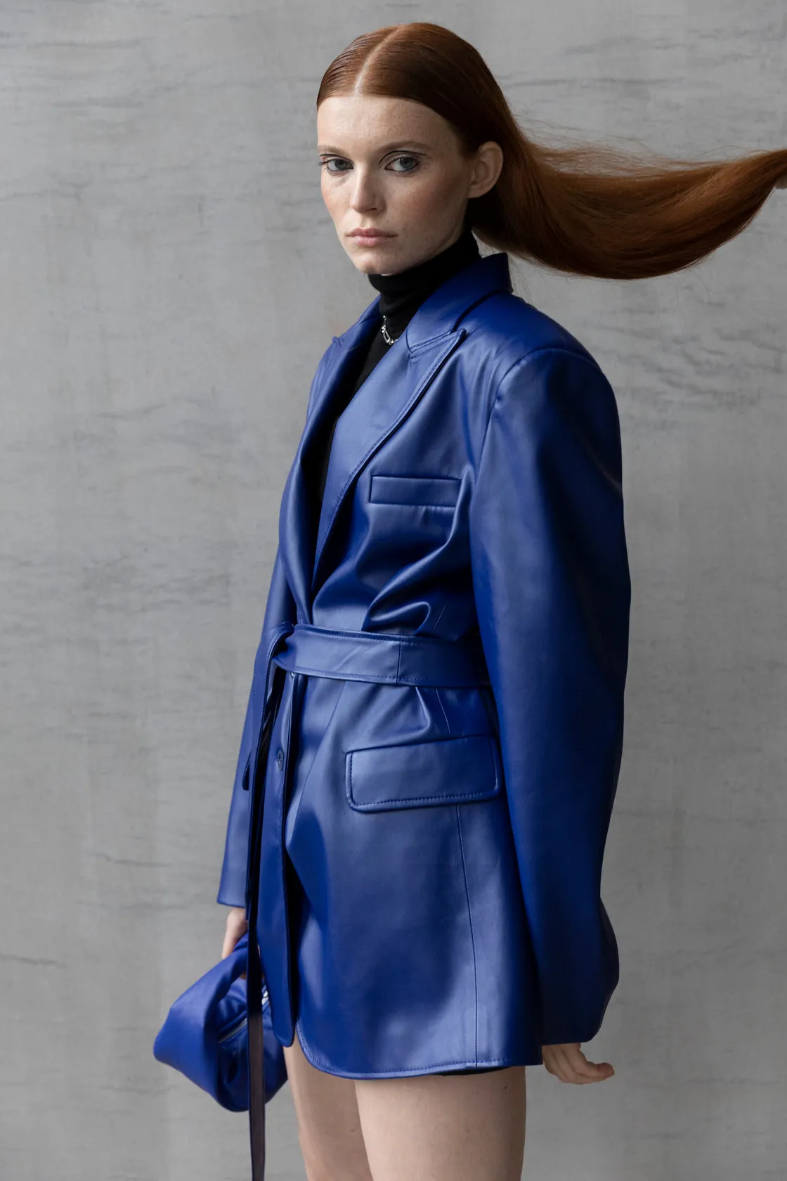 BREAKING HEARTS Oversized Electric Blue Vegan Leather Blazer
