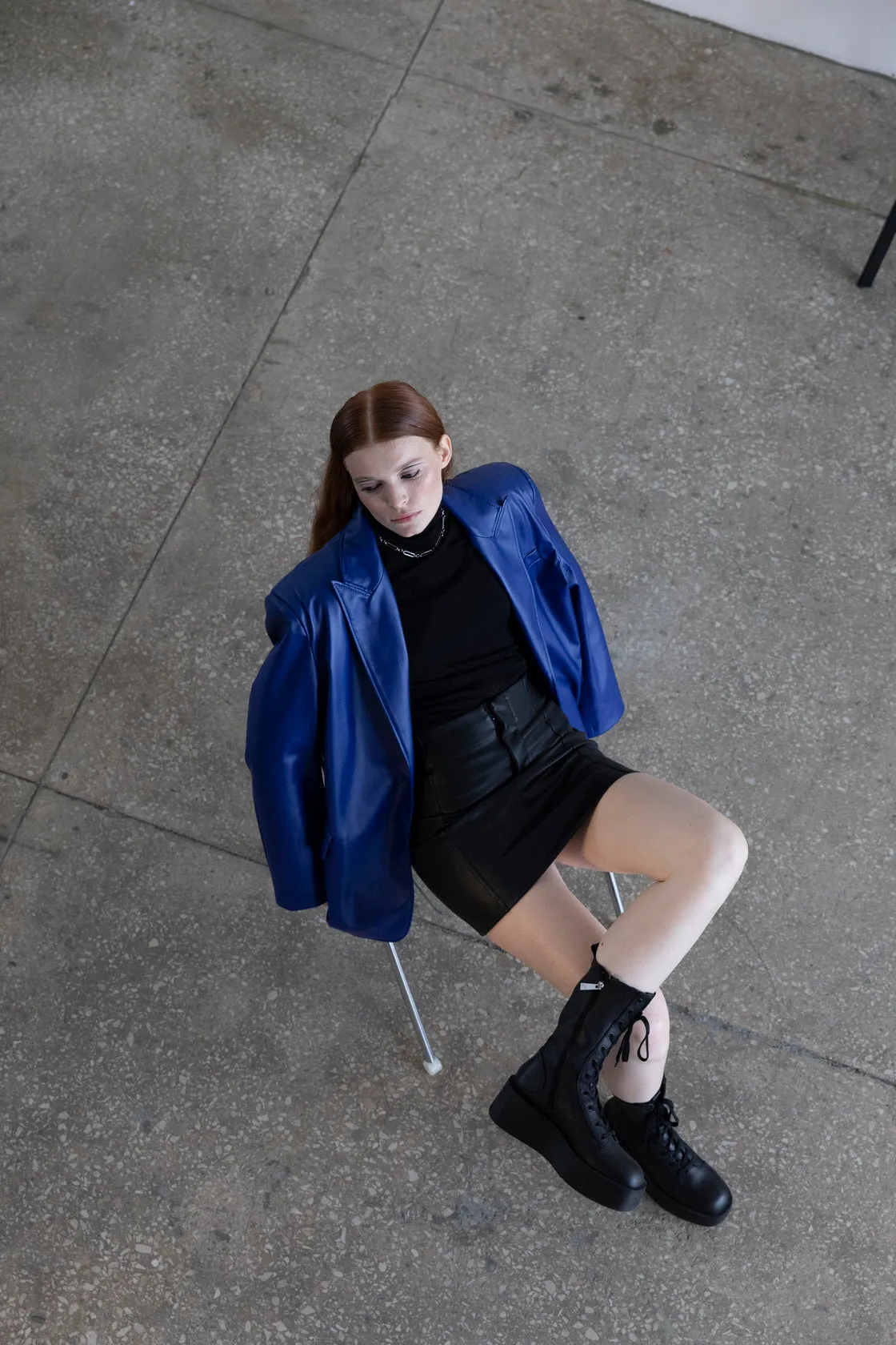 BREAKING HEARTS Oversized Electric Blue Vegan Leather Blazer