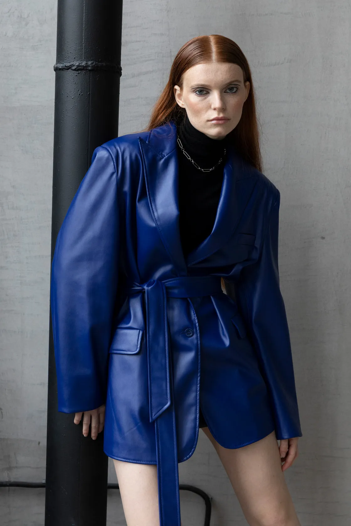 BREAKING HEARTS Oversized Electric Blue Vegan Leather Blazer