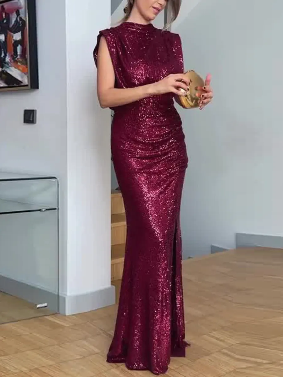 Burgundy Sleeveless Sequin Party Dress
