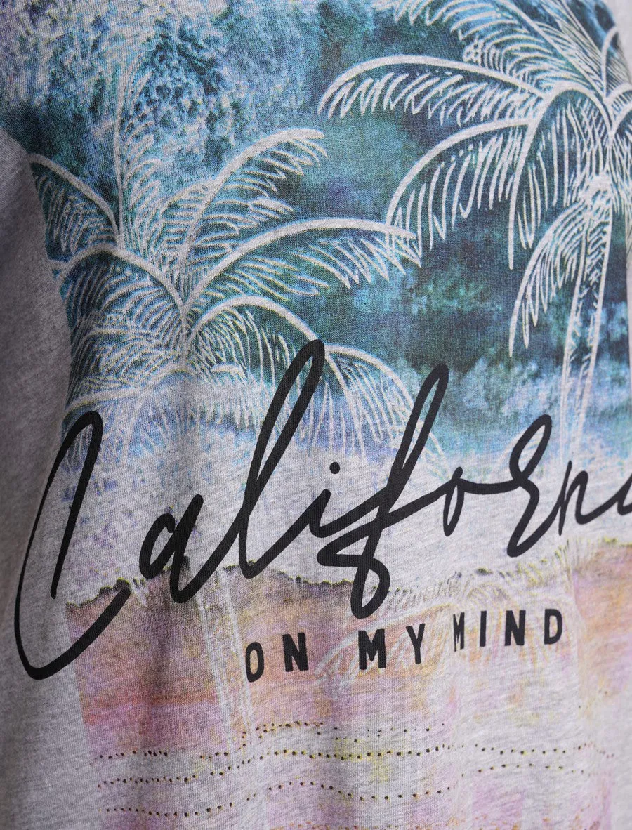 Cali On My Mind Motif Cotton T-Shirt in Light Grey Marl - South Shore