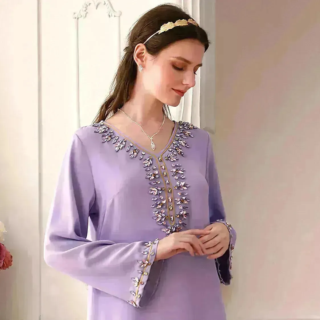 Casual Light Purple Heavy Industry Rhinestone Phnom Penh Robe Middle East Turkey Dress