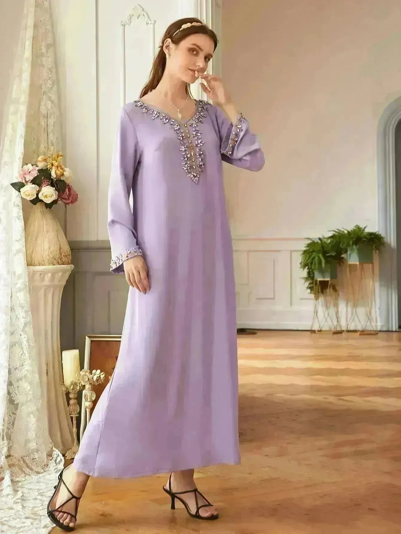 Casual Light Purple Heavy Industry Rhinestone Phnom Penh Robe Middle East Turkey Dress
