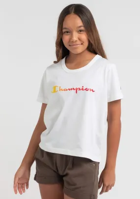 Champion Junior Ombre Script Boxy Tee <BR> KW6YN WIT