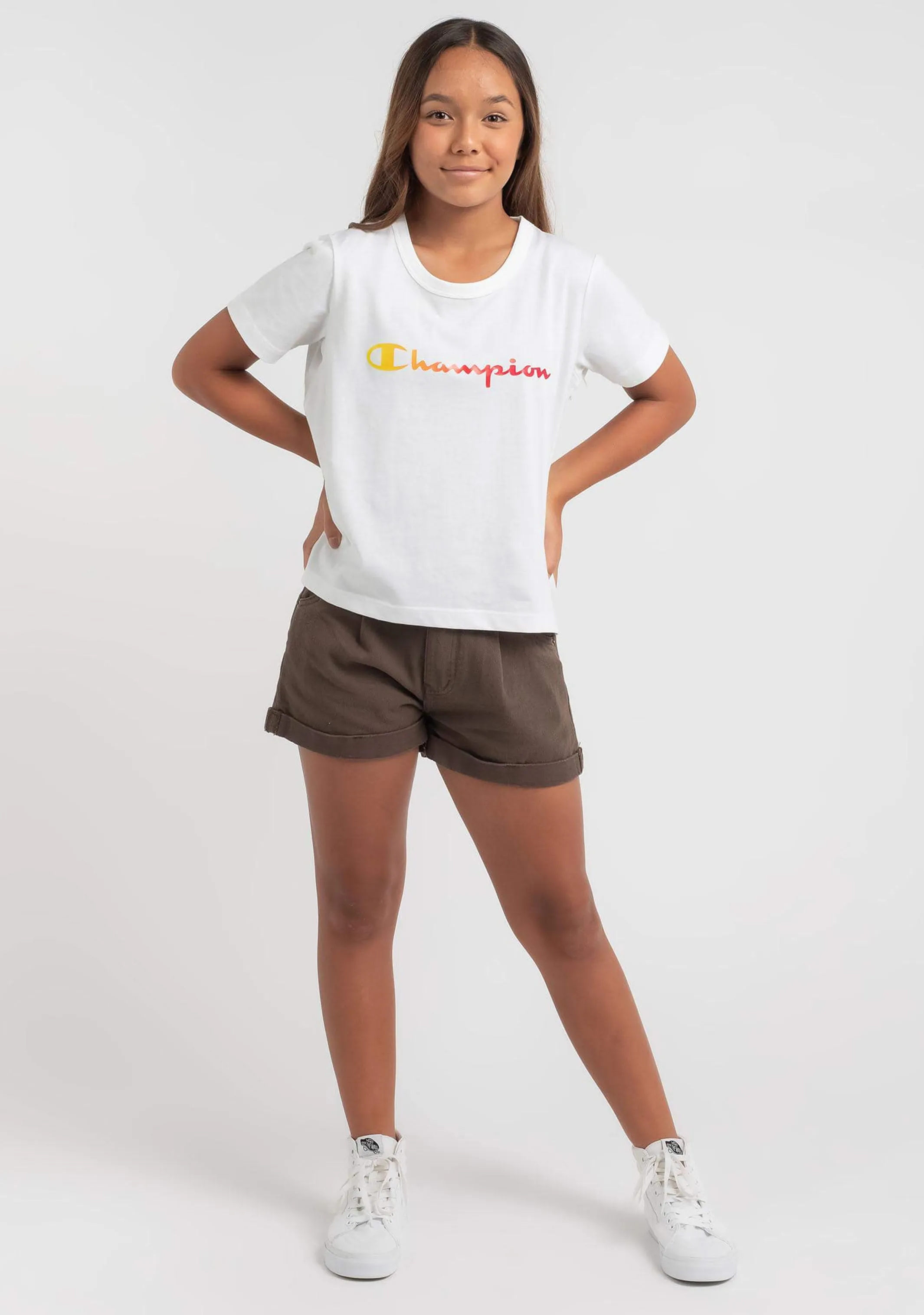 Champion Junior Ombre Script Boxy Tee <BR> KW6YN WIT