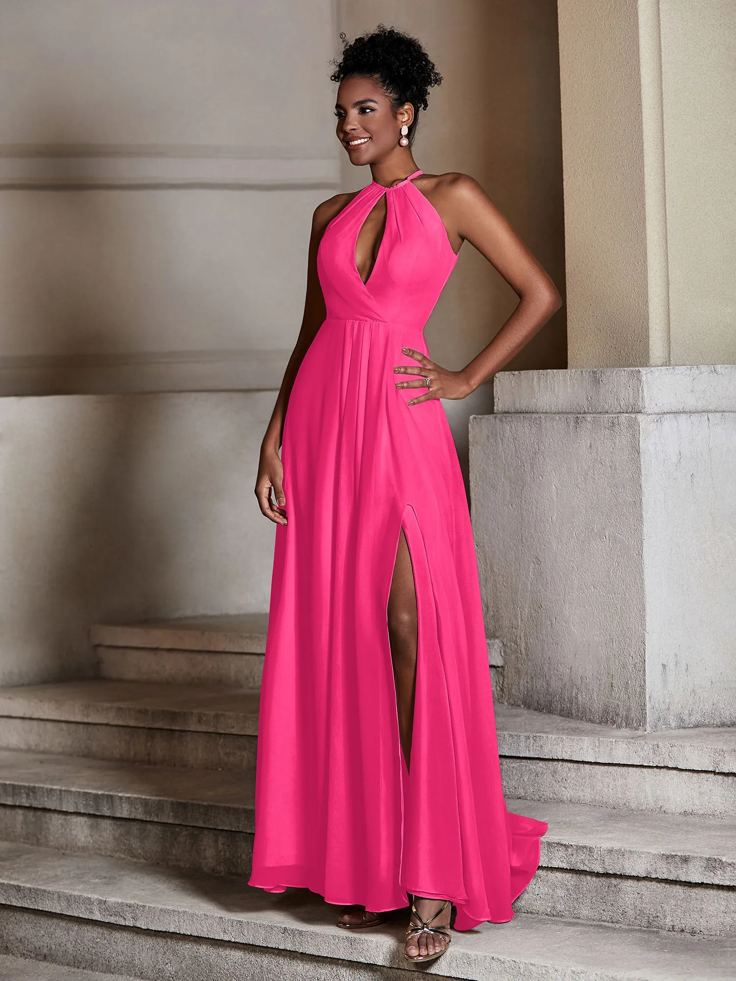 Chiffon Long Halter Dresses with Slit-Fuchsia Plus Size