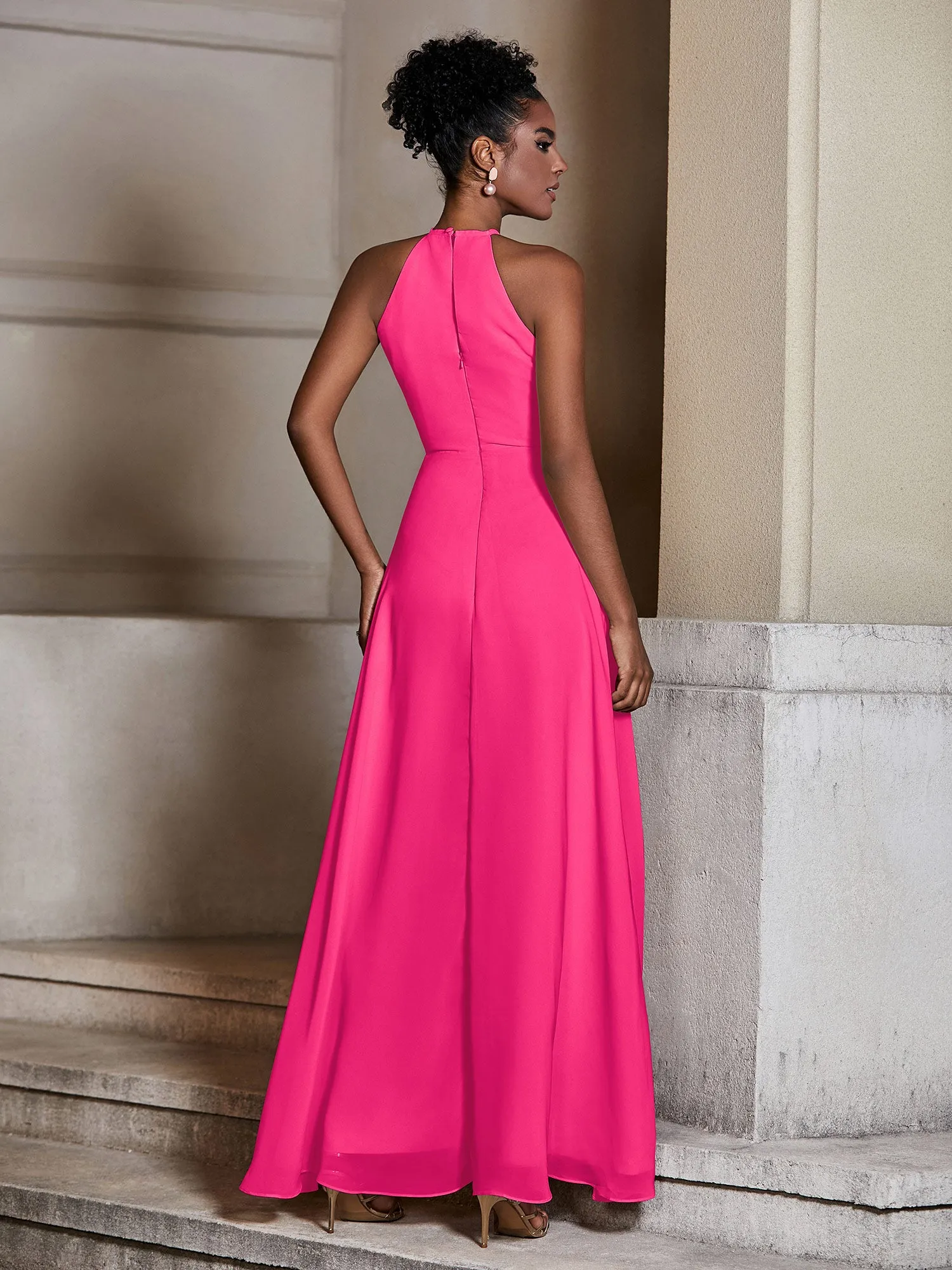 Chiffon Long Halter Dresses with Slit-Fuchsia Plus Size