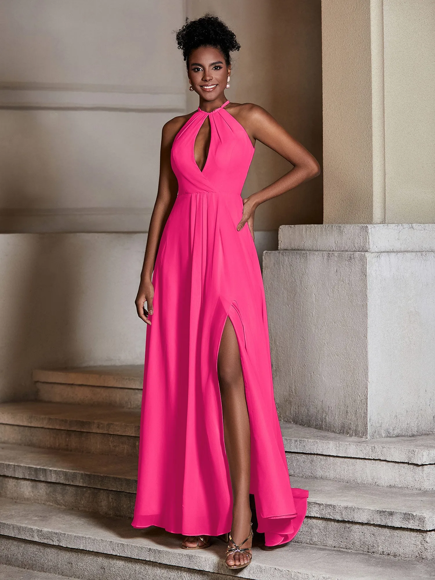 Chiffon Long Halter Dresses with Slit-Fuchsia Plus Size