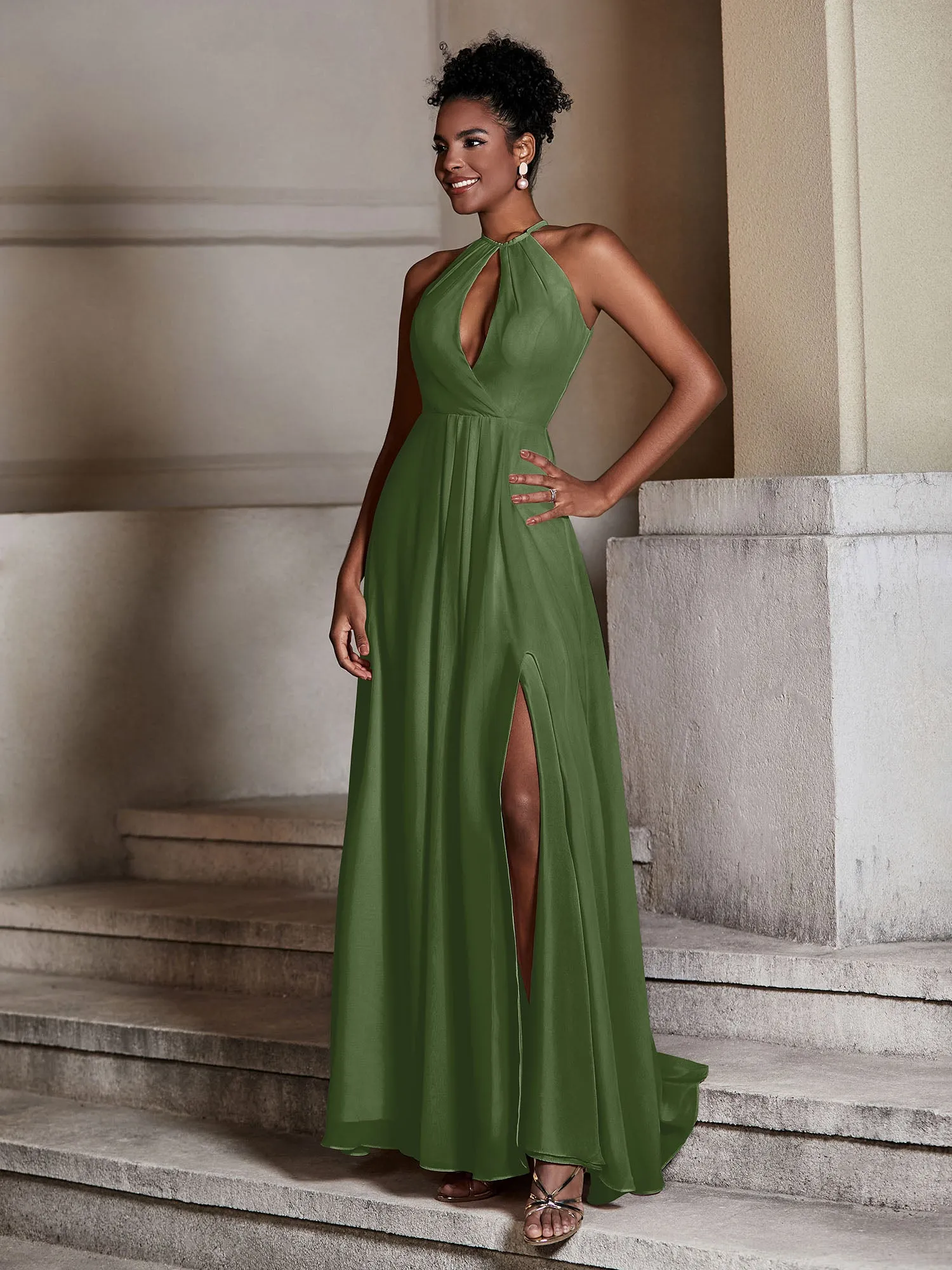 Chiffon Long Halter Dresses with Slit-Moss Plus Size