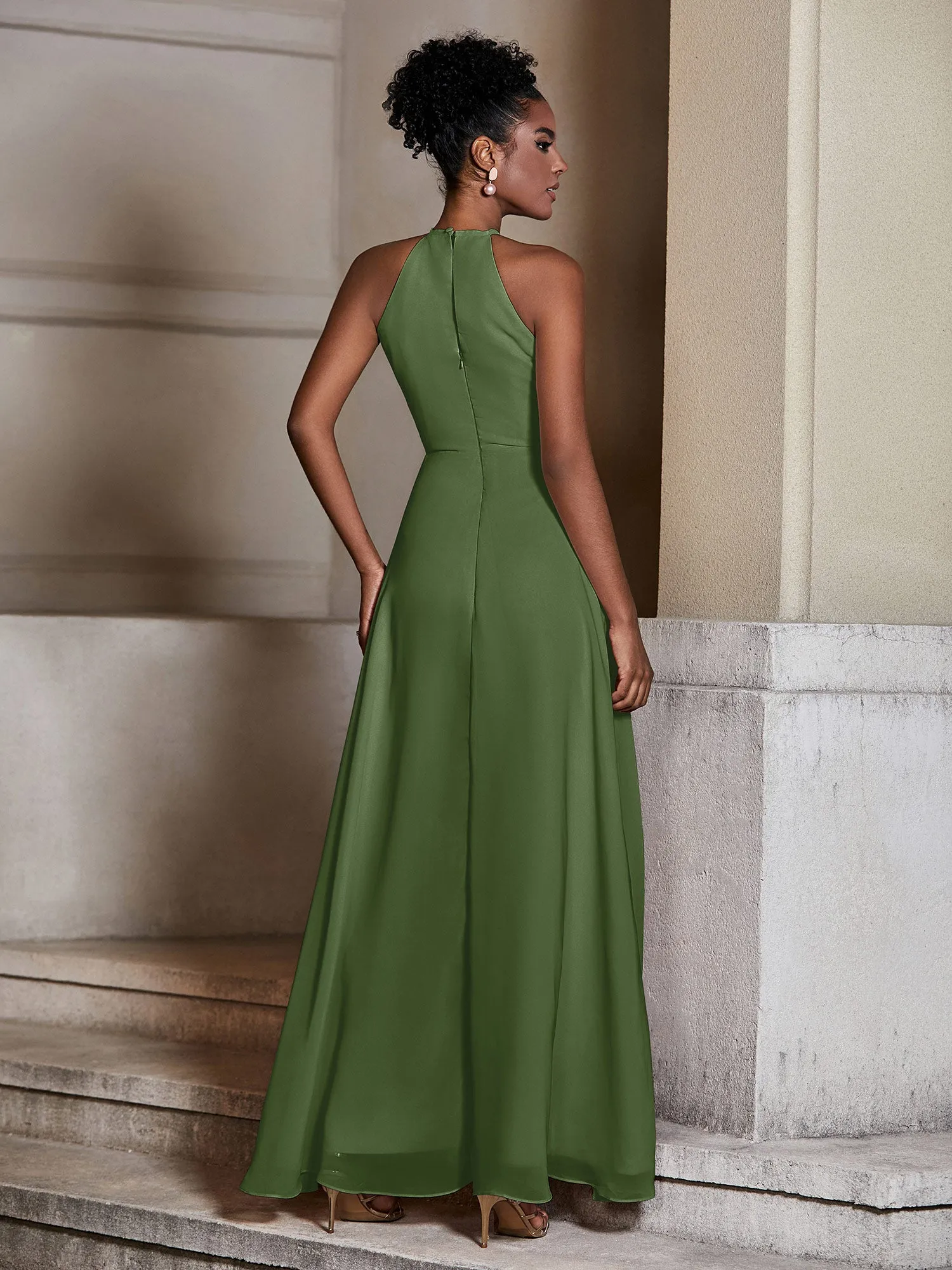 Chiffon Long Halter Dresses with Slit-Moss Plus Size