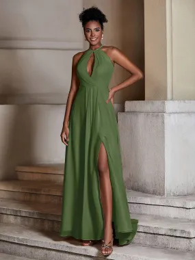 Chiffon Long Halter Dresses with Slit-Moss Plus Size