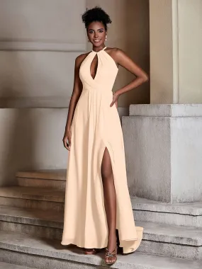 Chiffon Long Halter Dresses with Slit-Peach Plus Size