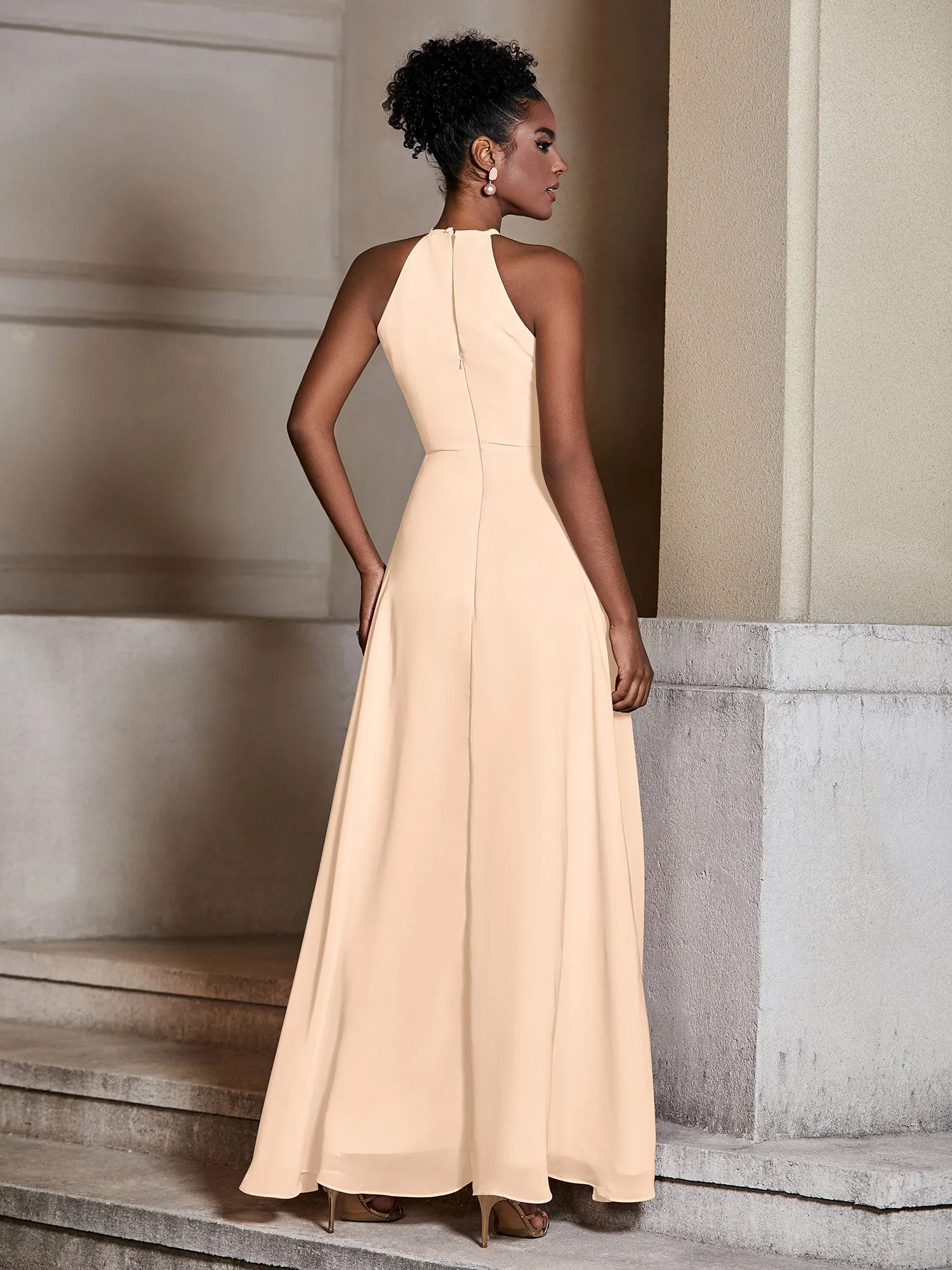 Chiffon Long Halter Dresses with Slit-Peach Plus Size