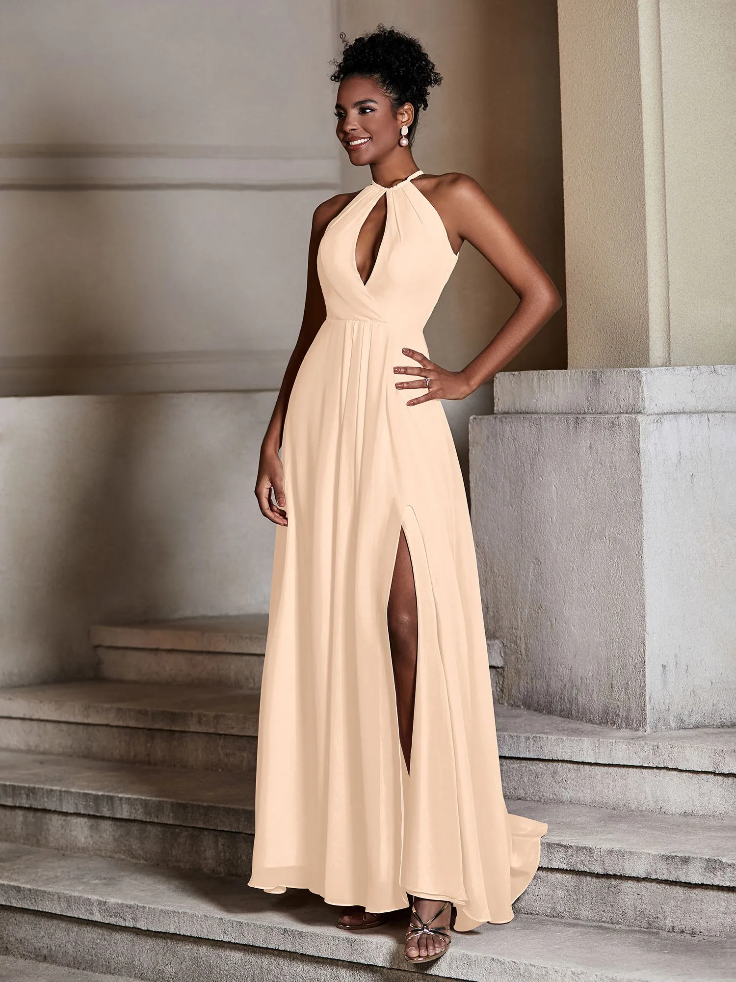 Chiffon Long Halter Dresses with Slit-Peach Plus Size