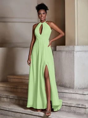 Chiffon Long Halter Dresses with Slit-Sage