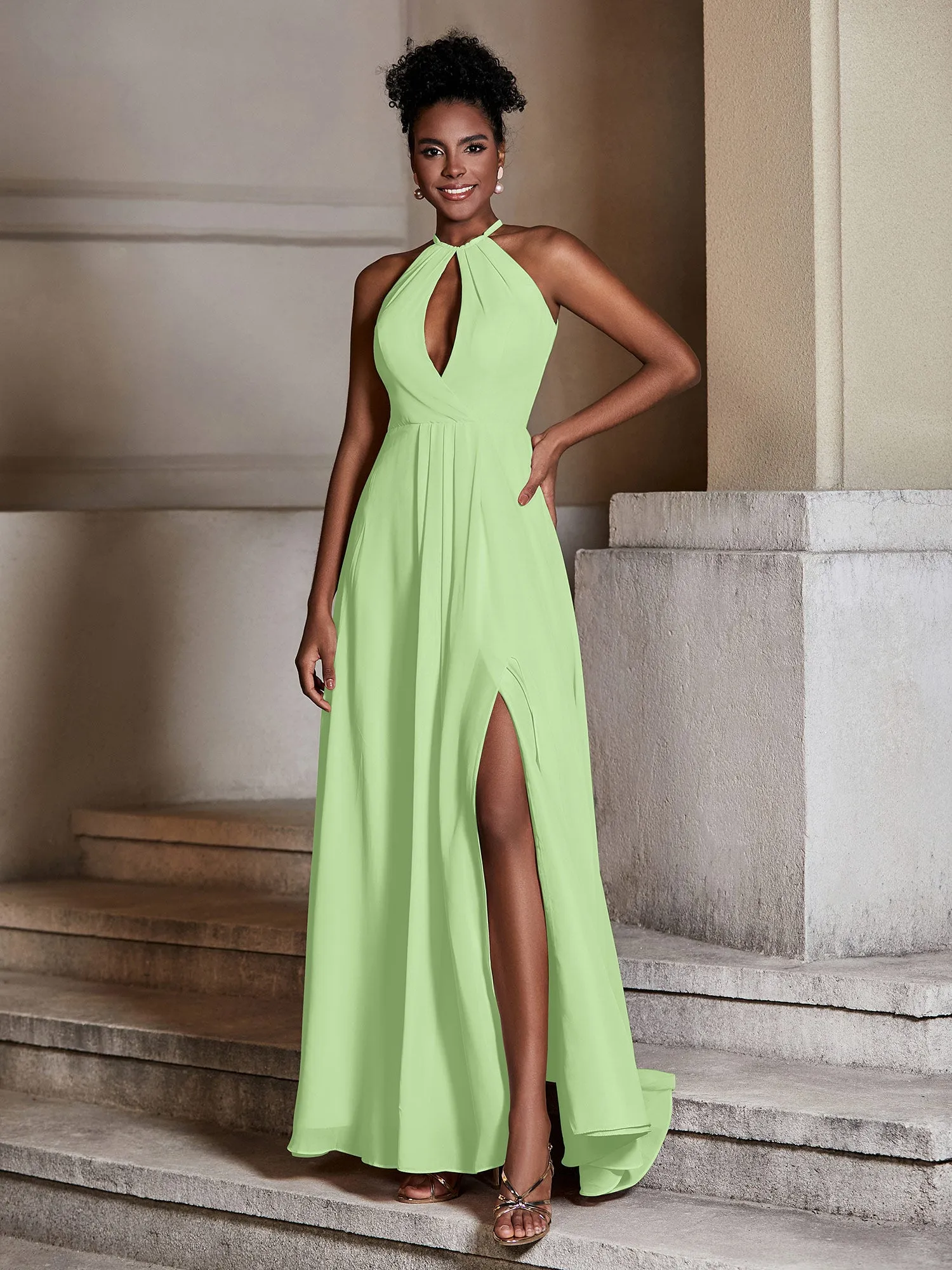 Chiffon Long Halter Dresses with Slit-Sage