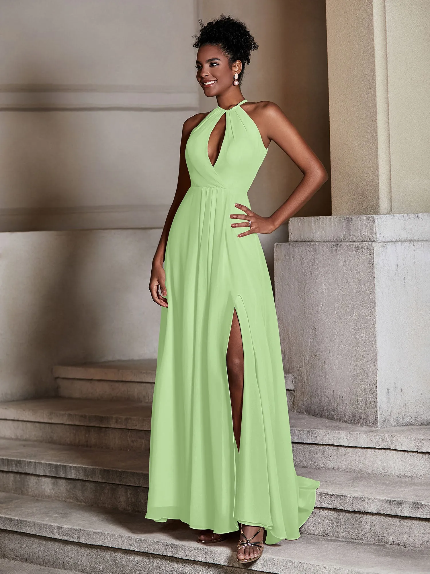 Chiffon Long Halter Dresses with Slit-Sage