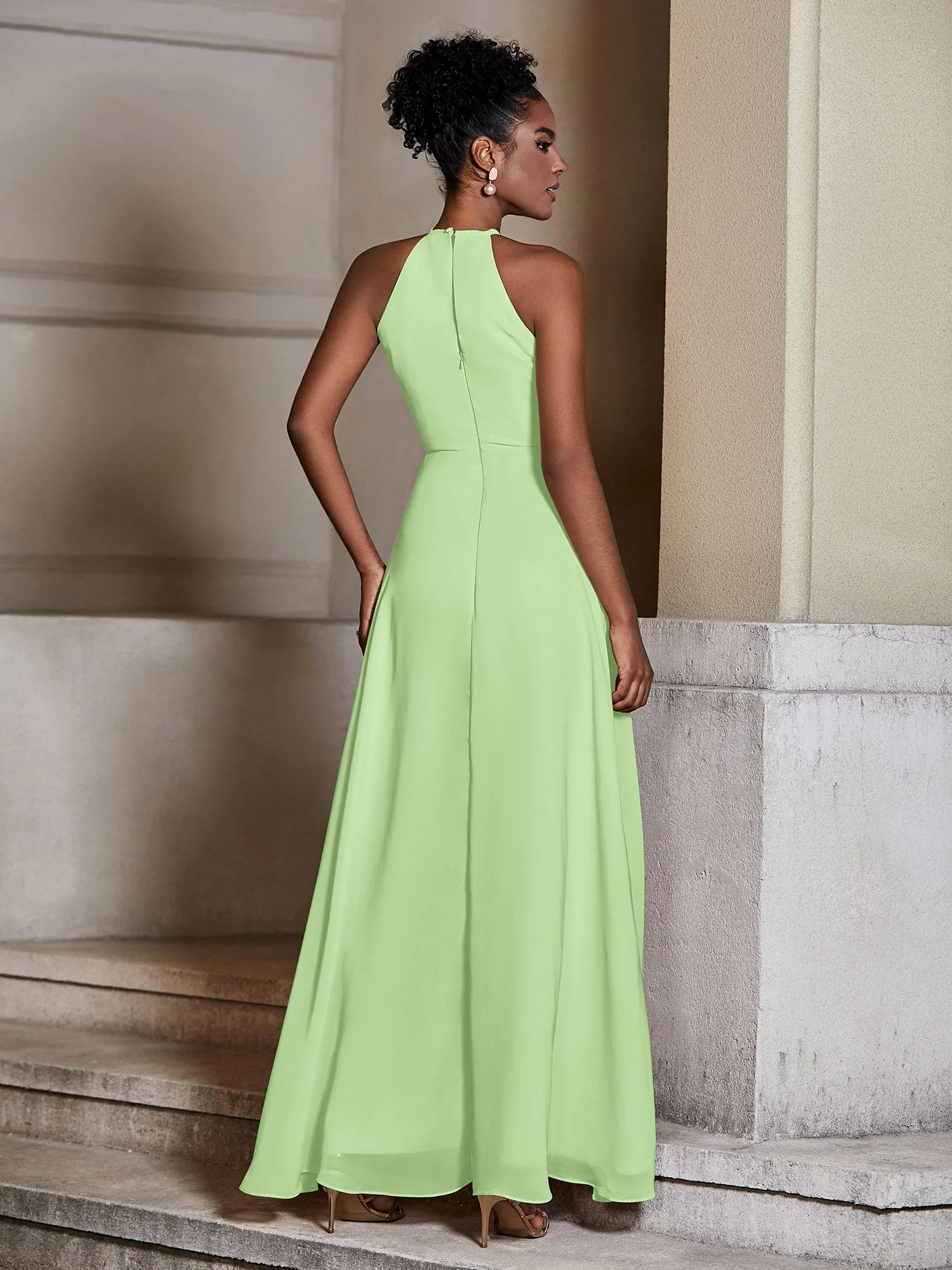 Chiffon Long Halter Dresses with Slit-Sage