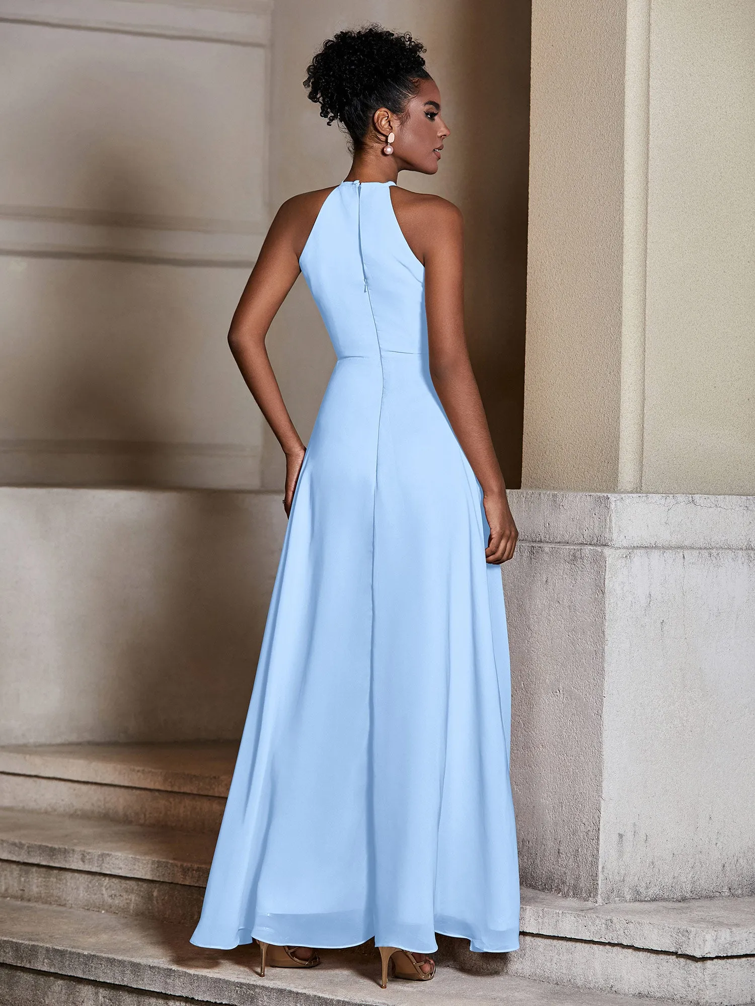Chiffon Long Halter Dresses with Slit-Sky Blue