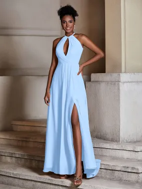 Chiffon Long Halter Dresses with Slit-Sky Blue