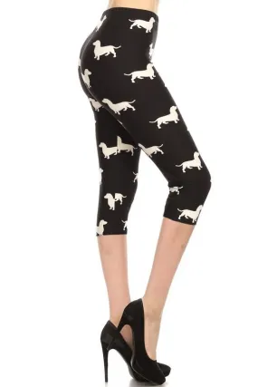 Dog Print, High Waisted Capri Leggings In A Fitted Style With An Elastic Waistband_