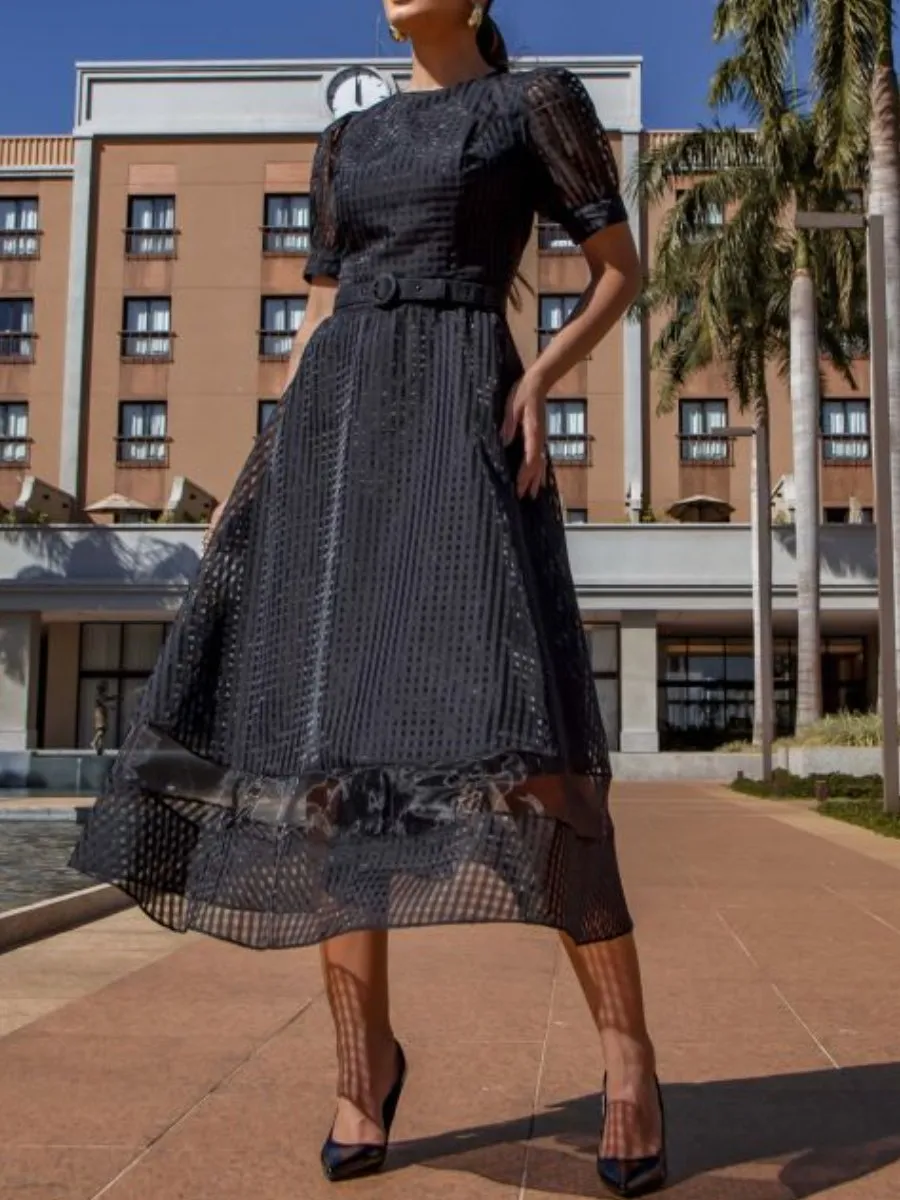 Elegant Black Plaid Midi Dress