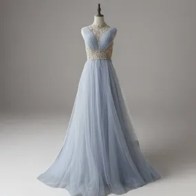 Elegant Light Blue Pretty Sequin Dress - Chiffon Dress with Embellished Bodice - High Neck Sequin Evening Gown Plus Size