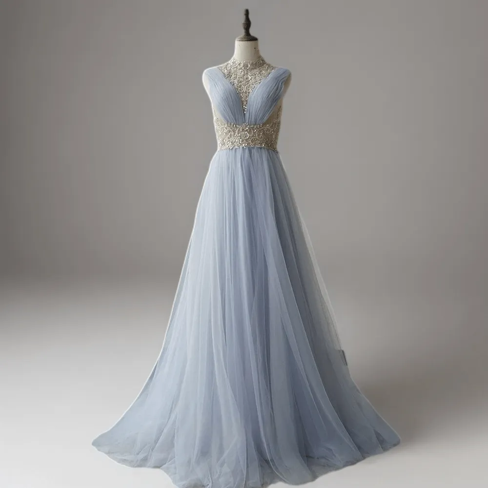 Elegant Light Blue Pretty Sequin Dress - Chiffon Dress with Embellished Bodice - High Neck Sequin Evening Gown Plus Size