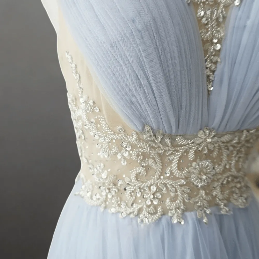 Elegant Light Blue Pretty Sequin Dress - Chiffon Dress with Embellished Bodice - High Neck Sequin Evening Gown Plus Size