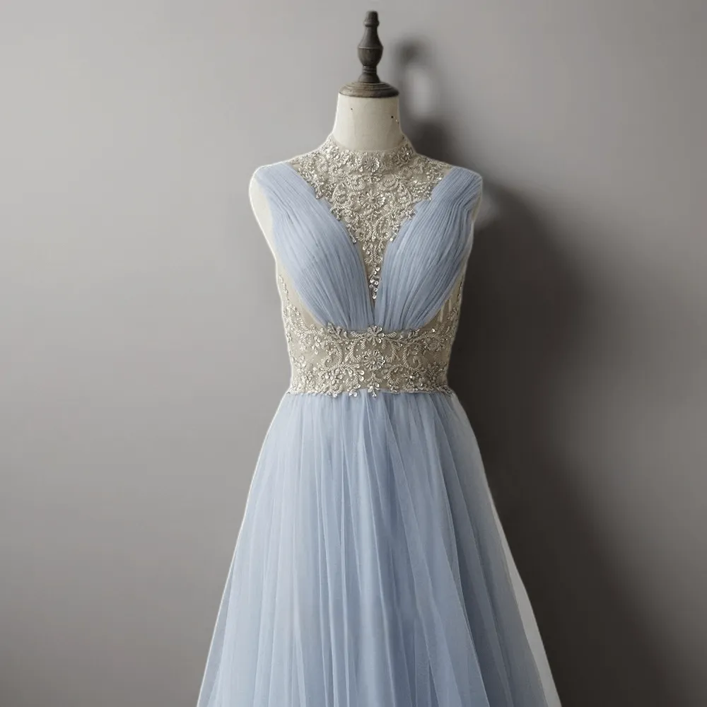Elegant Light Blue Pretty Sequin Dress - Chiffon Dress with Embellished Bodice - High Neck Sequin Evening Gown Plus Size