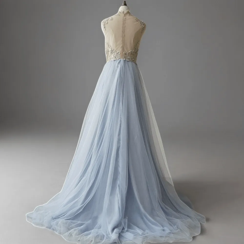 Elegant Light Blue Pretty Sequin Dress - Chiffon Dress with Embellished Bodice - High Neck Sequin Evening Gown Plus Size